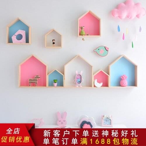 Best Selling Wooden Craftwork Ins Nordic Solid Wood Small House Pentagonal Storage Rack Childrens Room Decoration Cute Pink