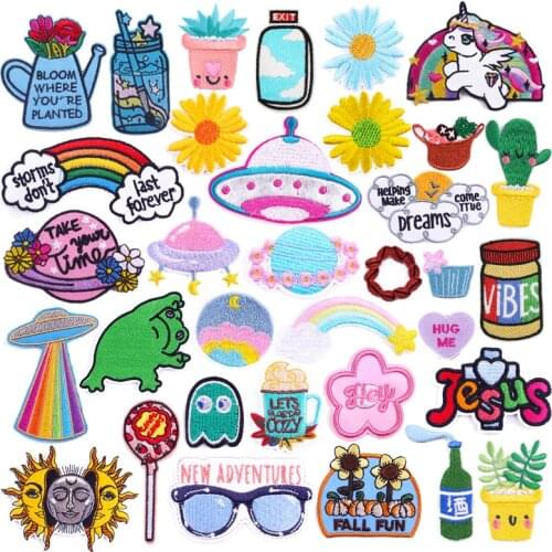 Cartoon Style Iron On Patches On Clothes Rainbow Unicorn Space UFO Embroidered Patches For Clothing Plants Unflower Applique