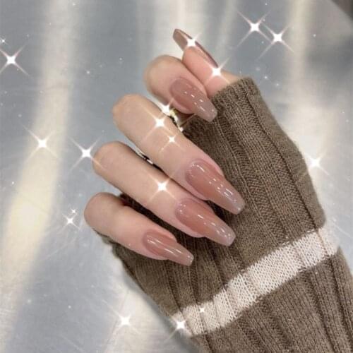 24Pcs Milk Tea Color Coffin False Nails Long Ballerina Fake Nails Full Cover Nail Tips Press On Nails Detachable Manicure Tool