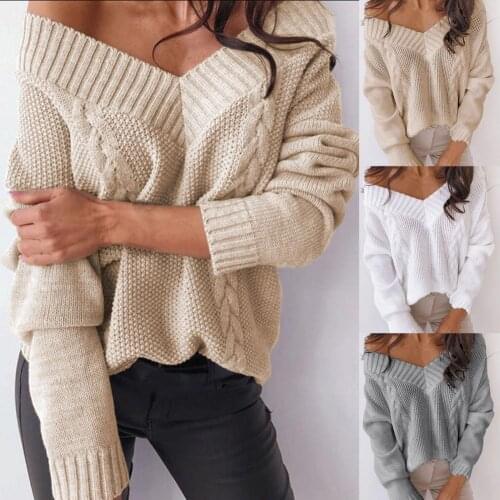 2021 New Autumn Sweater Deep V-Neck Off Shoulder Winter Long Sleeve Twist Pattern Sweater for Show