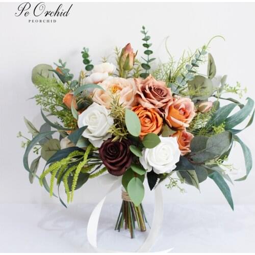PEORCHID Vintage Big Wedding Bouquet Orange&Coffee Color Artificial Rose Bridesmaid Flower Boutonnieres For Men Ramos De Novia