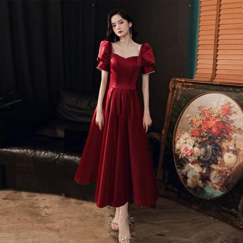 Satin Wine Red Evening Dresses 2021 New Puff-sleeve V-neck Evening Gown Vintage Dress Party Robe De Soiree Custom Made