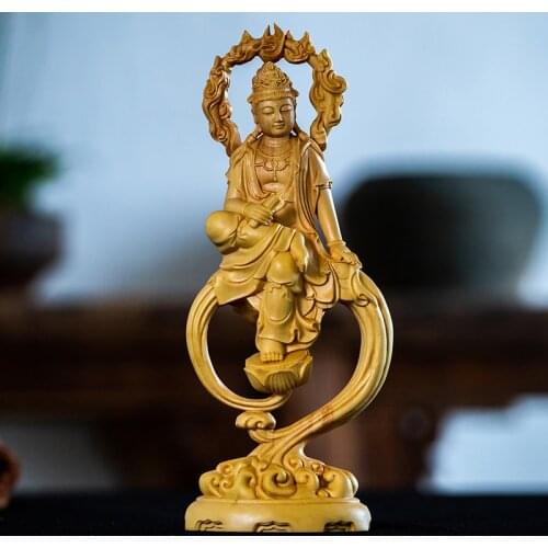 Boxwood 18.5cm Flame Guanyin Sculpture Wood Carving Buddha Statue Peaceful Worship Feng Shui Guan Yin Home Decor
