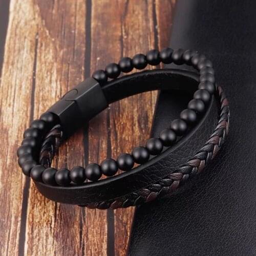 Three-Layer Classic Black Braided Leather Natural Stone Bead Wrap Bracelet for Men Women Wrist Jewelry