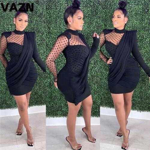 VAZN 2020 Top Quality Black Patchwork Lace Top Sexy Club Little Chap Turtleneck Full Sleeve High Waist Women Thin Mini Dress
