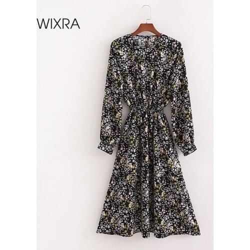 Wixra O Neck Long Dresses Womens A Line Full Sleeve High Street Floral Print Clothing 2021 Spring Summer