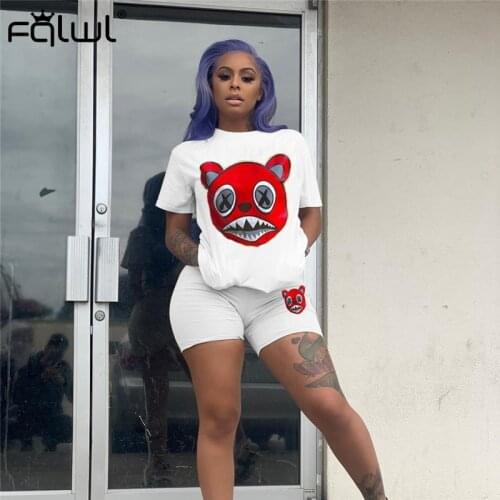 FQLWL Cartoon Print 2 Piece Set Women Outfits Summer T Shirt and Two Piece Biker Shorts Set Matching Set Women Tracksuit Female