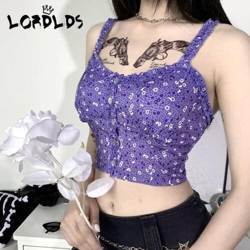 LORDLDS Women Purple floral crop top 2020 Summer Cropped camisole tank top Female Sleeveless spaghetti strap top