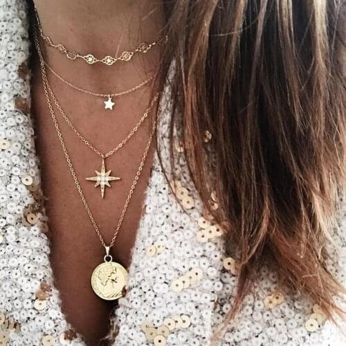 Pentagram Necklace Women Multilayer Bohemian Style Coin Pendant Chain Necklaces Harajuku Women Jewelry Collares Kpop