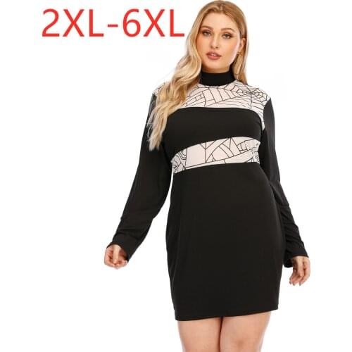 New 2020 ladies autumn winter plus size mini dress for women large long sleeve slim black print turtleneck dress 3XL 4XL 5XL 6XL