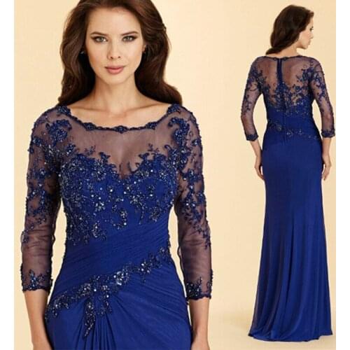 Affordable Royal Blue Mother of the Bride Dresses With 3/4 Sleeves Lace Jewel Neck Chiffon Wedding Party Gowns Applique Beaded