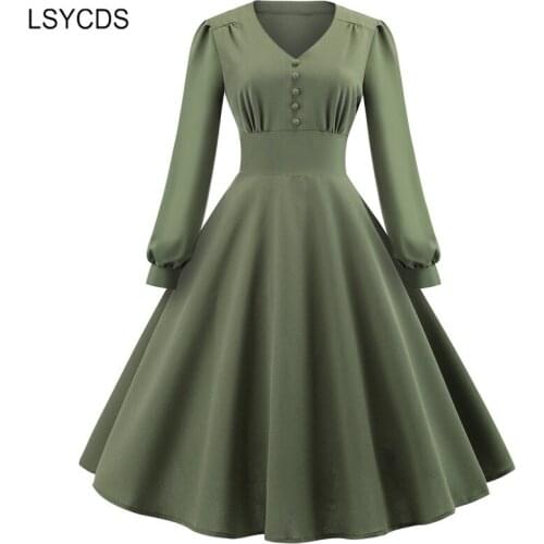 LSYCDS 2020 New V Neck Dresses for Women Elegant Vintage Long Sleeve Midi Dress Burgundy Casual Party A-line Dress Spring Autumn