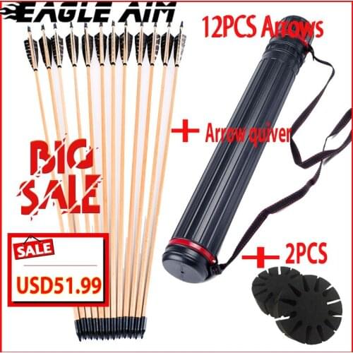 12PCS Archery Wooden Arrows W Black Quiver W Split Arrow Sponge Gift Fletching Real Turkey Feather For Recurve &Longbow