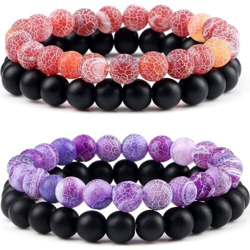 2Pcs/Set Couples Natural Stone Bracelet 8MM Weathered Black Matte Beads Bangles Jewelry Women Handmade Elastic Pulsera Gift New