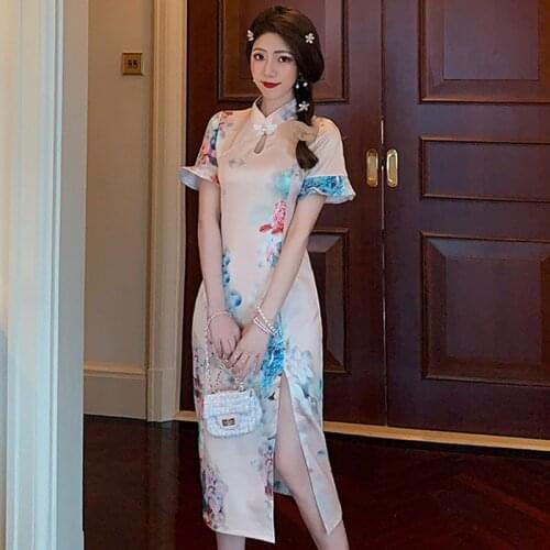 2021 Sexy Woman Nightclub Cheongsam Chinese Style Printed Qipao Short Hollow Out Party Split Sheath Dress Chinese Traditional