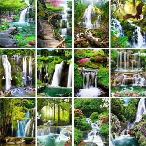 Huacan Diamond Painting Full Drill Waterfall Summer Wall Stickers Embroidery Mosaic River Tree Scenery Diamond Art
