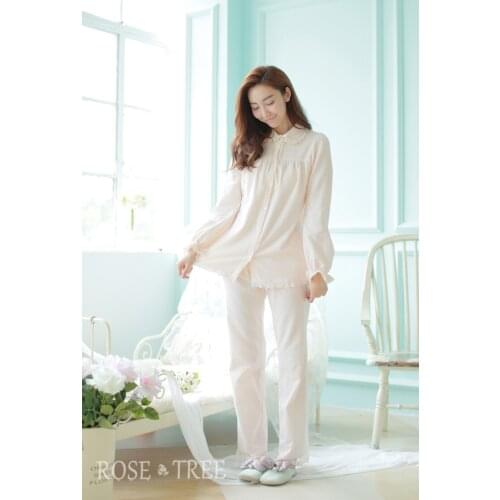 Free Shipping 100% Cotton 2015 New Winter Princess Womens Pijamas Pants Set Sleepwear Home Cloth Pink and Beige Nightgown