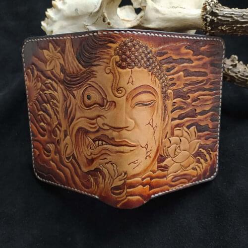 Hand Engraving Short Between Gods And Demons Wallets Purses Men Clutch Vegetable Tanned Leather Wallet Card Holder Gift
