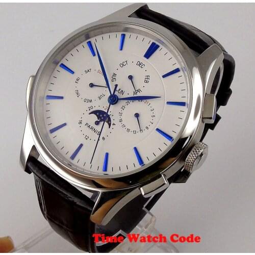 44mm PARNIS Automatic Mens Watch White dial Blue marks hands Date indicator week display Moon Phase Multifunction black leather