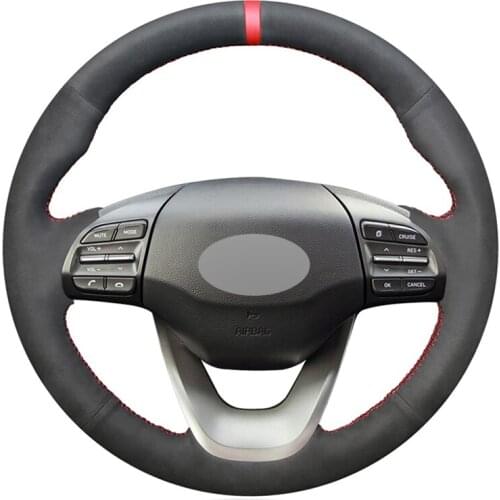 Black Suede Red Marker Hand-stitched No-slip Car Steering Wheel Cover for Hyundai Kona 2017 2018 2019