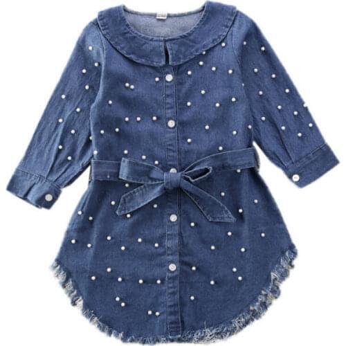 2020 Baby Spring Autumn Clothing Casual Toddler Kid Baby Girl Clothes Long Sleeve Dress Denim Dress With Pearl