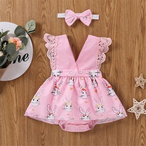 Toddler Baby Rabbit Cartoon Printing Cute Two-pieces Set Infant Girls V-collar Sleeveless Bodysuit Skirt Headband Rompers Set