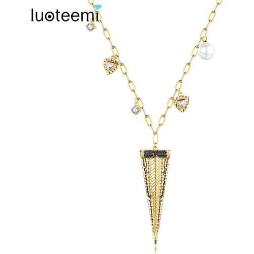 LUOTEEMI Gold Arrow Long Link Chain Necklace Pendant for Girls Multiple Accessories with Freshwater Pearl Cubic Zircon Jewelry