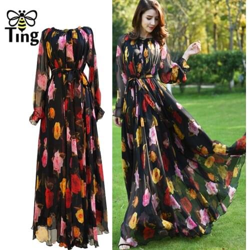 Tingfly Bohemian High Quality Rose Flower Chiffon Long Maxi Dress Women Vintage Party Dinner Dress Vestidos Boho Elbise Zaful