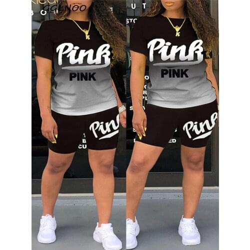 GGLNOO Women Fashion Casual Sporty Letter Print Short Top + Shorts Women Two-piece Pant Set