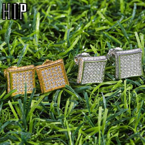 Hip HOP CZ Zircon Square Bling Iced Out Micro Full Paved Rhinestone Stud Earring Copper Earrings For Men Jewelry