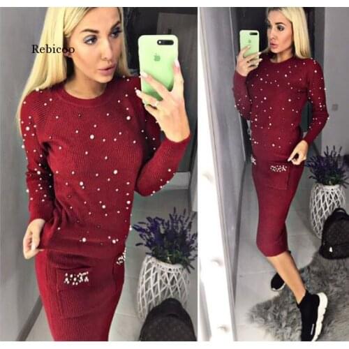 Spring Autumn Two Piece Sets Women Knitted Suit Long-sleeved Tops Pearls Sweater Beading spliced Pockets Pencil Skirts 2pcs Set