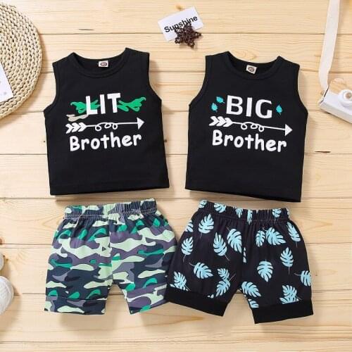 Brothers Match Sleeveless Letter Print Vest T-shirt Tops Shorts Pant Bottom 2PCS Outfits Summer Clothes Set