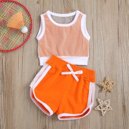 0-18M Baby Girl Clothes Set Contrast Color Hollow Out Sleeveless O-Neck Tops+Side Split Shorts Casual Sport Wear Orange/Rose Red