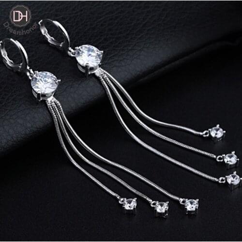 Dreamhonor Korean Fashion 925 Sterling Silver Crystal Rhinestone Zirconia Long Tassel Earrings Statement Earrings Jewelry