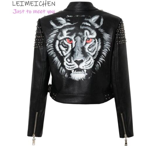 LEIMEICHEN Womens Slim PU Leather Jacket Punk Rock Fashion Tiger Head Print Rivet Jacket Knight short leather top SIZE S-3XL