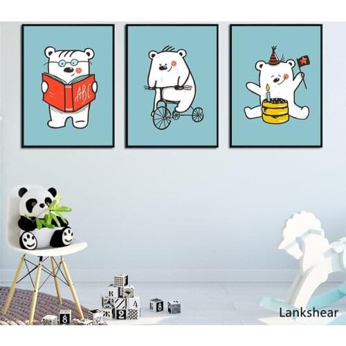 Cute Cartoon Bear Reading Book Cycling Cake Canvas Art Painting Abstract Print Poster Picture Wall Warm Home Decoration For Room