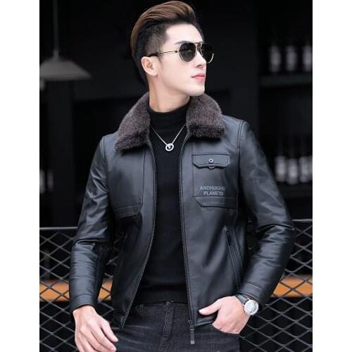 High Quality Fashion Mink Fur Collar Genuine Leather Clothes Male Calf down Jacket Coat