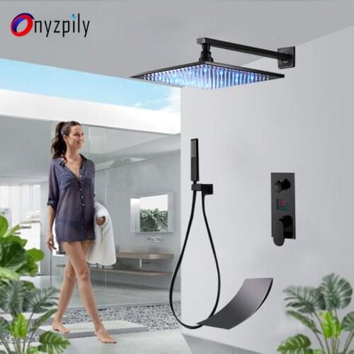 Onyzpily Bathroom Shower Faucet Set Black Bronze LED Digital Cold and Hot Mixer Tap W/ Waterfall Tub Faucets Rainfall Shower
