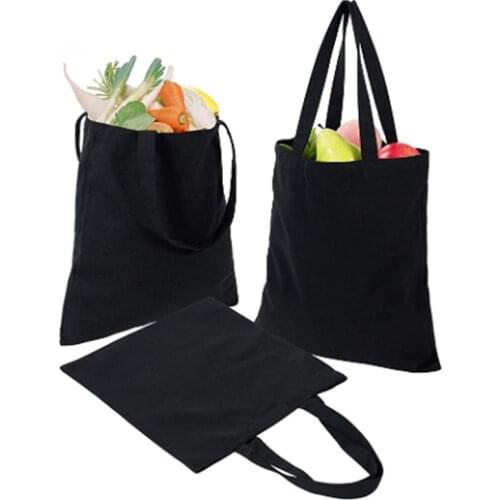 Wholesale 100Pcs/Lot Durable Black Cotton Bag with Handles for Shopping Custom Logo Printed Resuable School Tote Canva Bags