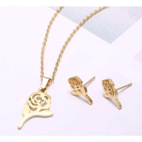 2PCS Necklace Hollow Rose Earring Popular Stainless Steel Fashion Trend Senior All -Match Retro Girlfriend Birthday Gift Women