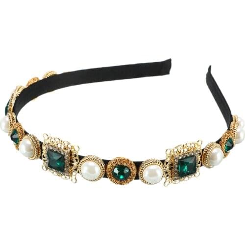 Baroque Rose Crystal Headband Headwear For Women Girl Wedding Hair Jewelry Gold Metal Carved Green Gem Queen Crown Tiara