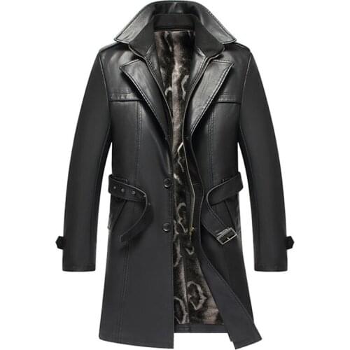 Simple Fashion Sheepskin Windbreaker Mens Real Leather Jacket and Coats Plus Size 4XL Men Velvet Padded Winter Trench Coat Brand