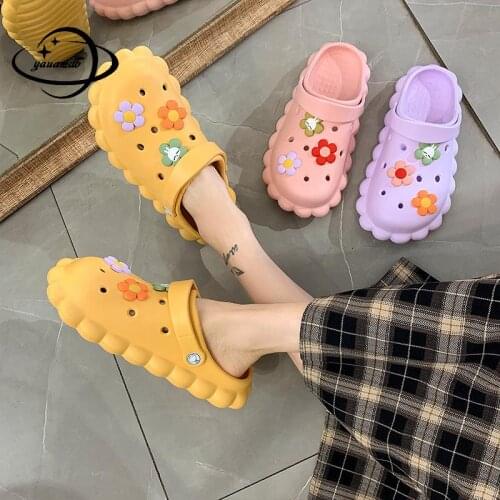 36-41 Womens Mules & Clogs Summer Female Sandals Slip-on Flat With Flowers Lovely Beach Slippers Ladies Garden Shoes Hy24