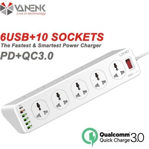 QC3.0 PD Quick Charge USB Power Strip Universal Extension Socket Cord Length 2 Meter 10 Way With Overload Surge Protector
