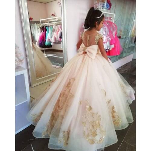 Champagne Tulle Flower Girl Dresses Ball Gown Sheer Neck Flower Girl Dresses First Communion Dress Pageant Gowns