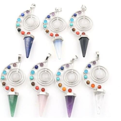 FYJS Unique Silver Plated Spiral with 7 Colors Small Beads Pyramid Stone Pendant Healing Chakra Spiritual Jewelry