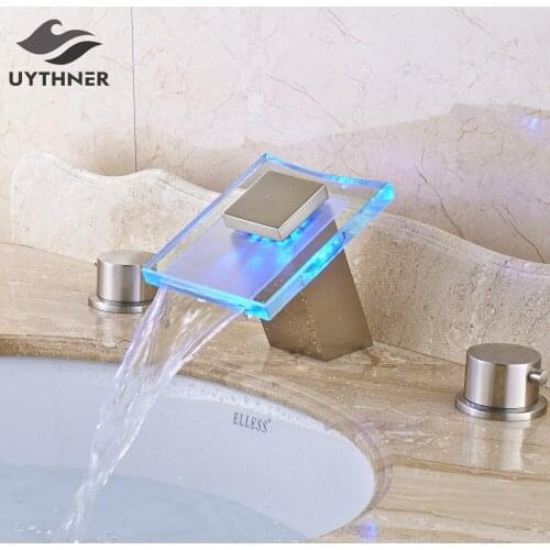 Uythner Deck Mounted Bathroom Faucet Mixer Tap Soild Brass Nickel Brushed For 8 Sink Tap