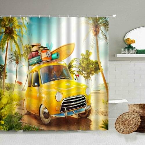 Summer Beach Car Coconut Tree Shower Curtain Seaside Landscape Vacation Surf Bathroom Decoration Waterproof Polyester Screen