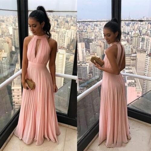 YiMinpwp Pink Prom Dresses Long O Neck Hollow Floor Length Chiffon Pleats Formal Evening Party Gowns Special Occasion Dress