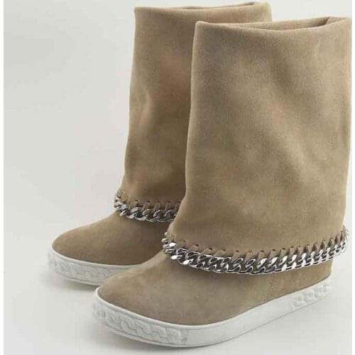 Suede genuine leather platform shoes metal decoration ankle boots height increasing chain wedges snow boots Lady Biker Boots